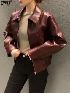 [EWQ] Korean Vintage Chic Long Sleeve Lapel Zipper PU Leather Jacket Casual All-match Women Suede Burgundy Leather Jacket, Leather Jacket Women, Leather Coat Womens, Looks Pinterest, Casual Outwear, Women Streetwear, Casual Day Outfits