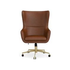 a brown leather office chair with wheels and casteors on an isolated white background, viewed from the front