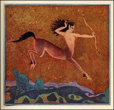 a painting of a woman riding on the back of a horse with an arrow in her hand