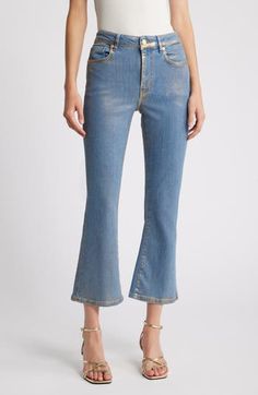 A contoured high-rise waist balances the slightly flared cut of cropped jeans crafted from FRAME's comfortable stretch denim in a coated wash. 25 1/2" inseam; 18" leg opening; 11" front rise; 14 1/2" back rise (size 29) 77% cotton, 19% modal, 3% elasterell-p, 1% elastane Dry clean Imported Hologram Colors, Jean Crafts, Gold Chrome, Cropped Jeans, Bottoms Pants, Bootcut Jeans, Jeans Pants, Blue Gold, Stretch Denim