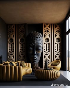 a living room filled with yellow couches and a large buddha head on the wall