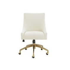 a white office chair with gold wheels and casteors on an isolated white background, viewed from the front