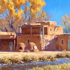 a painting of an adobe style house next to a river