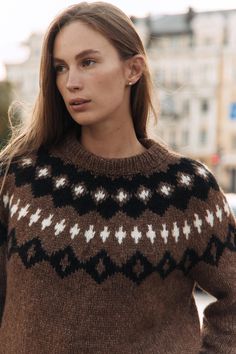 This handmade sweater is made of  alpaca and merino wool blend. Lopapeysa is an old traditional icelandic sweater with round yoke, made in a non-varying circle. This pullover is totally beautiful against the skin. It is very warm and is perfect for cold evenings Product Details:  Size M, Color brown 05 * 100% hand knit  * 75% alpaca, 25% merino wool. XS Width : 44-46 cm Length: 56 cm S Width : 50 cm Length: 60 cm M Width : 54 cm Length: 60 cm L Width : 56 cm Length: 64 cm XL Width : 58-60 cm Len Nordic Brown Jacquard Knit Sweater, Brown Nordic Jacquard Knit Sweater, Nordic Brown Knit Sweater, Brown Nordic Knit Sweater, Nordic Style Brown Knit Sweater, Brown Fair Isle Knit Sweater, Bohemian Alpaca Sweater With Fair Isle Pattern, Winter Alpaca Sweater With Fair Isle Pattern, Knitted Alpaca Sweater