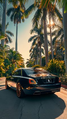 a black car parked on the side of a road next to trees and palm trees