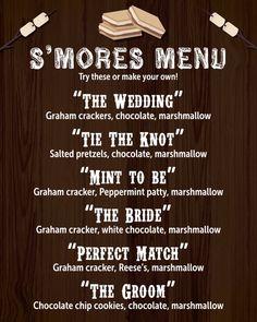 a menu for a wedding party with the words's mores menu on it