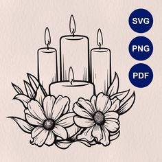 three candles with flowers and leaves in the center