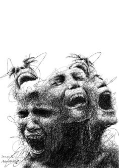 an artistic drawing of three people with their heads in the air