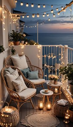 a balcony with lights and wicker furniture