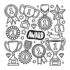 the word award surrounded by various trophies and awards on a white background with black outline