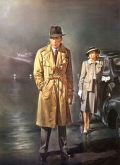 a painting of two people standing next to an old car in the rain, one wearing a trench coat