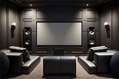 a home theater with black leather seats and speakers