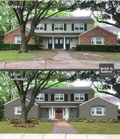 before and after shots of a house in the suburbs, with brick and vinyl siding