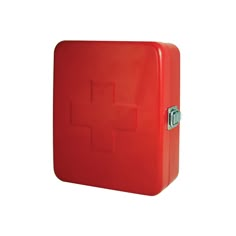 the first aid box is red and has a green cross on it's front