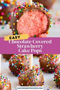 chocolate covered strawberry cake pops with sprinkles on top and in the middle