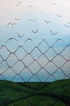 birds are flying in the sky behind a chain link fence with grass and blue skies