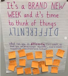 a bulletin board with sticky notes attached to it's sides and the words, it's a brand new week and it's time to think of things to think of things