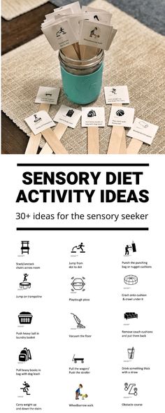 a poster with instructions on how to use the sensory diet activity ideas for kids