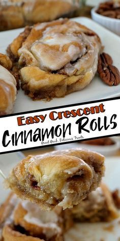 cinnamon rolls with icing and pecans sitting on a white plate next to the words easy crescent cinnamon rolls