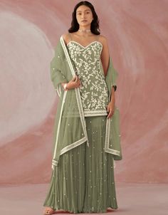 Light Green Sharara style Suit Faux Georgette Green Suit Women, Green Sharara Suit, Sharara Style, Green Sharara, Designer Sharara, Georgette Sharara, Plazzo Suits, Diwali Dresses, Diwali Outfits