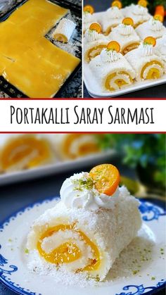 several different pictures of food with oranges and cream on them, including rice rolls