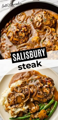 two pictures with different types of food in them and the words salisbury steak on top