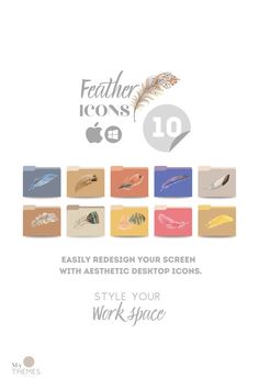 an advertisement for feather icons with different colors and sizes on it, including the logo