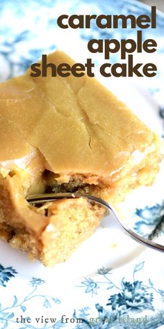 caramel apple sheet cake on a blue and white plate with a fork in it