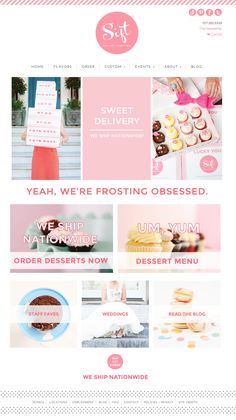 the website design for sweet desserts is shown in pink, white and gray colors