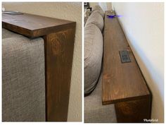 three different angles of a wooden bench