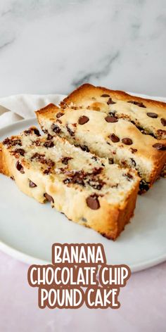 two slices of banana chocolate chip pound cake on a plate