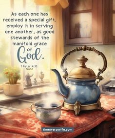 a painting of a teapot on a kitchen counter with a quote from pope benedict