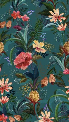 an image of a flower pattern on a blue background with green leaves and pink flowers