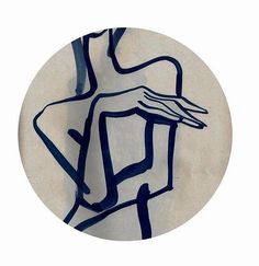 an abstract drawing of a woman's torso in blue and white on a circular plate