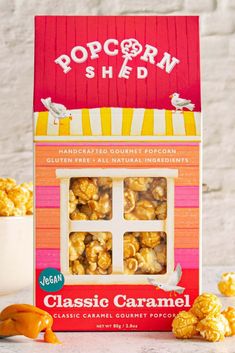 the popcorn shed classic caramel flavored gourmet popcorn is in its original box