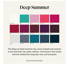 Deep Summer Color Palette, Deep Summer, Light Summer Color Palette, Summer Color Palettes, Soft Summer Palette, Deep Winter Colors, Dark Summer