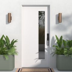 a white front door with two planters on either side and an entry mat in the middle