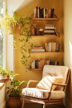 a chair in front of a window with books on the shelves and a potted plant next to it