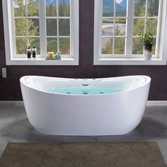 a large white bathtub sitting in front of two windows next to a rug on the floor