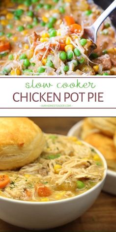 slow cooker chicken pot pie recipe in a white bowl with the title above it