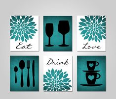 four teal wall art pieces with the words eat, love, drink and dine