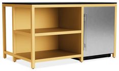 an open cabinet with two shelves on one side and a metal door on the other