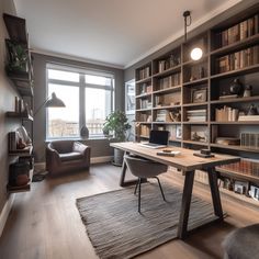 a home office with lots of bookshelves and a desk in front of a window