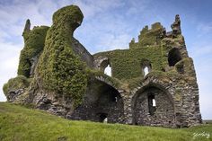 an old stone building with ivy growing on it's side and windows in the middle