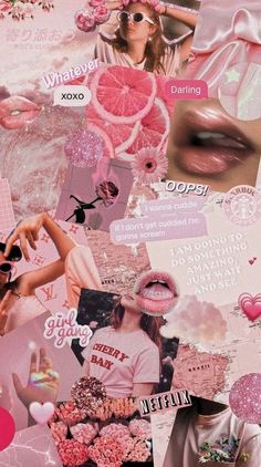 a collage of pink and white images with hearts, flowers, lipstick, stars, clouds