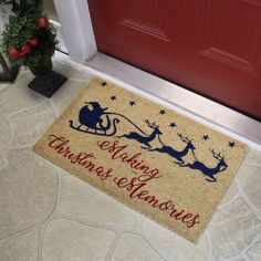 a door mat that says nothing christmas is coming up on the front porch with santa's sleigh