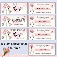 mother's day coupon book printables with pink flowers and butterflies on them