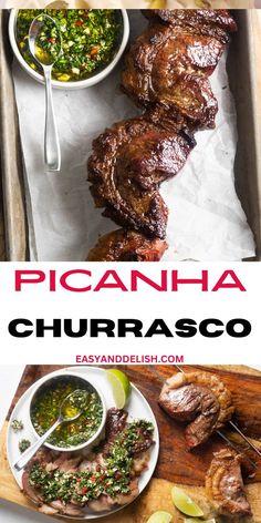 the recipe for picanha churrasco is shown in two different pictures, with text overlay