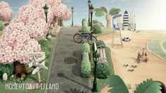 a painting of a beach with flowers and trees in the foreground, along with a bicycle leaning against a lamp post