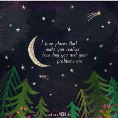 a painting with trees and stars in the night sky, with a quote written on it